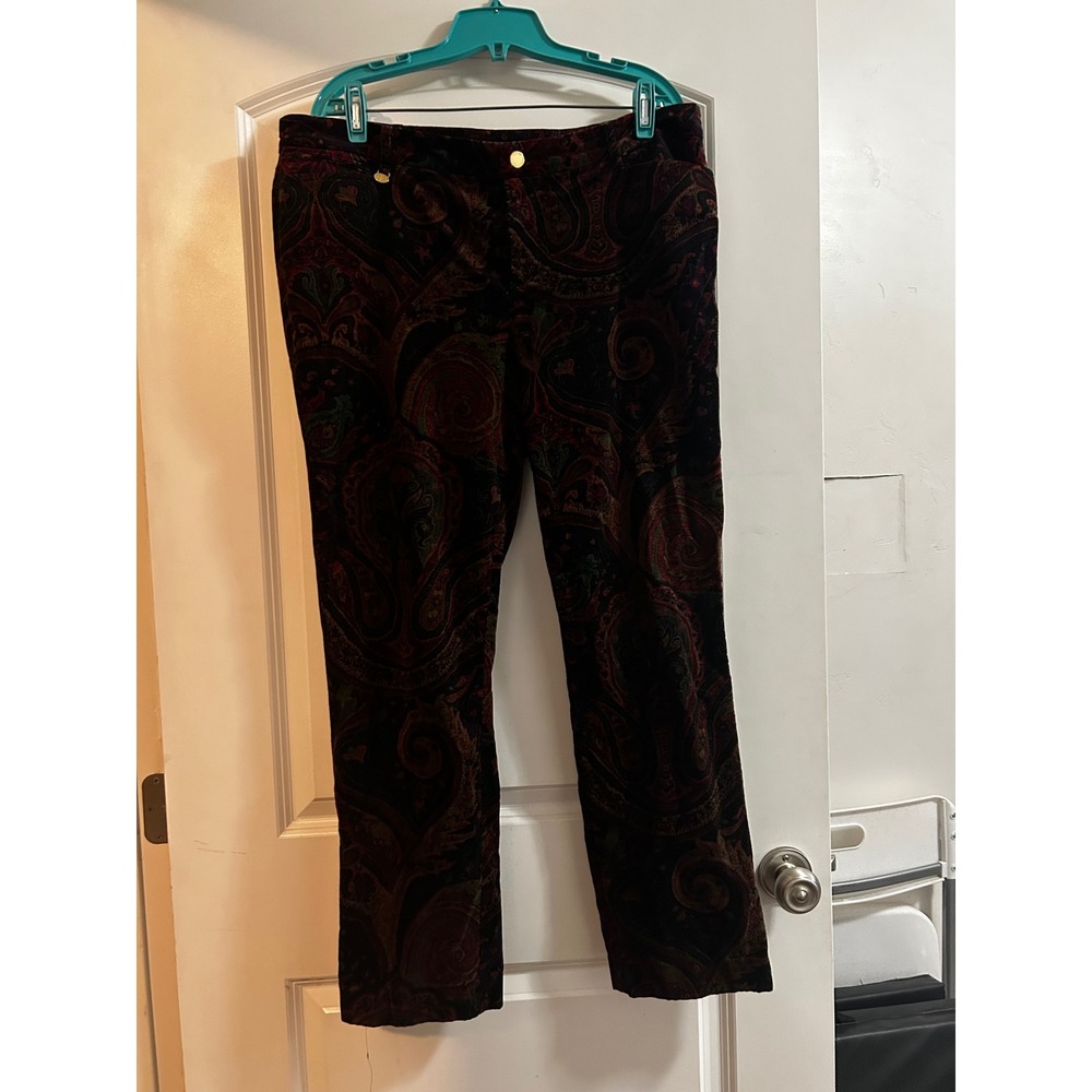 Lauren Ralph Lauren Women Paisley Velvet Straight Leg Pants Burgundy Green 14